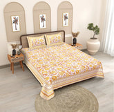 Radiant Marigold Jaipuri Block Print Queen Size Cotton Bedsheet - Phulkari Inspired Floral Bedspread